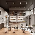 Café Interior Featuring Wooden Tables Chairs Large Windows Arched Design And Coffee Display Shelves