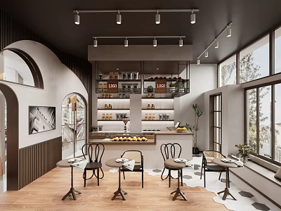 Café Interior Featuring Wooden Tables Chairs Large Windows Arched Design And Coffee Display Shelves 3d model
