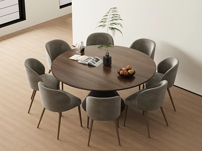 Modern Round Wooden Dining Table With Six Grey Chairs And Green Plant On Wooden Floor 3d model