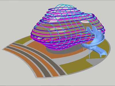 Kids Play Area Featuring Shell Shaped Net Structure Blue Slide And Colorful Pathways 3d model