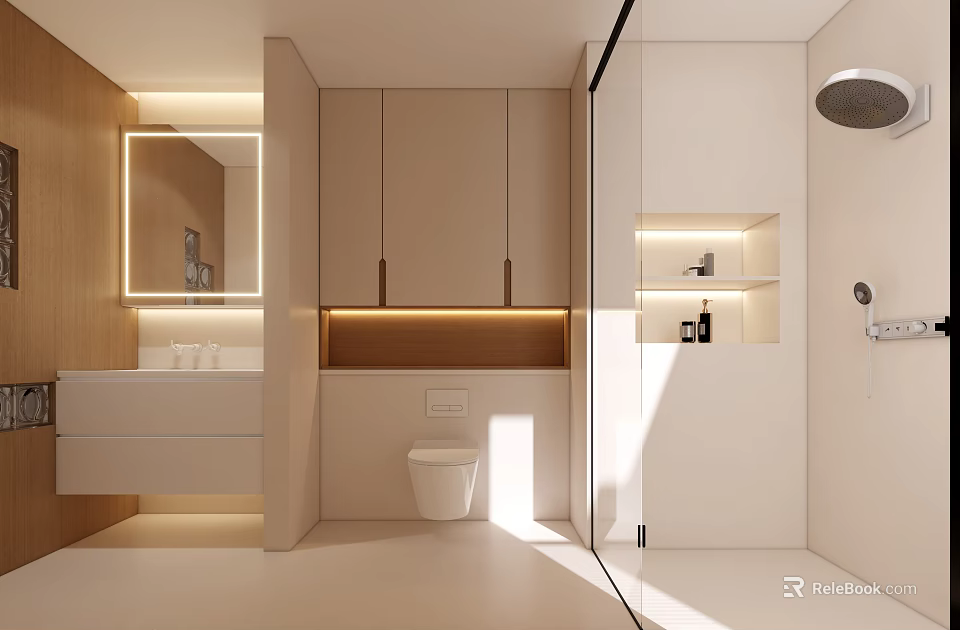 Modern Bathroom Interior Design With Backlit Mirror Vanity Cabinets And Shower Area 3d model