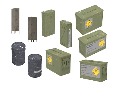 Industrial Equipment Including Green Storage Containers And Black Metal Drums With Hazard Signs 3d model