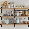 Wooden Kitchen Shelving Unit with Black Brackets Glass Jars Storage Containers and Decorative Plant
