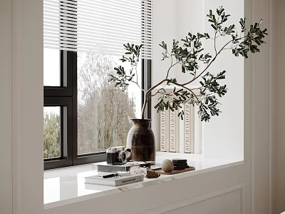 Window Sill Decorative Ornament Set With Green Plant Vase Books Camera And Blinds 3d model