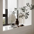 Window Sill Decorative Ornament Set With Green Plant Vase Books Camera And Blinds