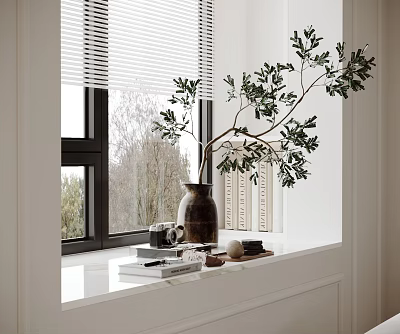 Window Sill Decorative Ornament Set With Green Plant Vase Books Camera And Blinds 3d model