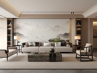 New Chinese Style Living Room Sofa Coffee Table Combination Green Plant Ornaments Table Lamp Background Wall 3d model
