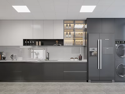 Modern Kitchen Interior With White Countertop Glass Door Cabinets Black Refrigerator And Square Lights 3d model