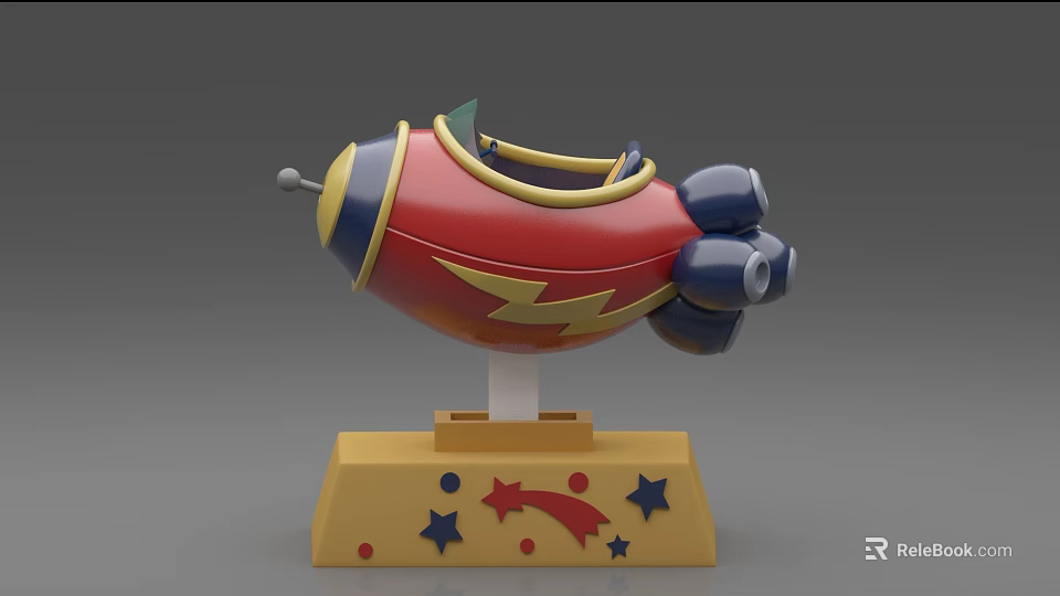 Spaceship Shaped Amusement Ride With Red Yellow Lightning Pattern And Stars On Base 3d model 