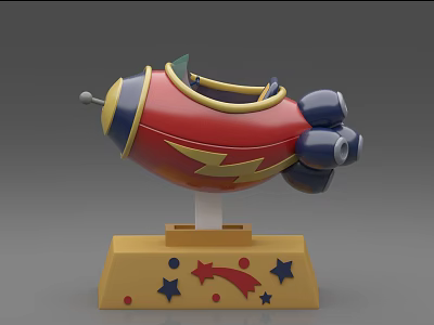Spaceship Shaped Amusement Ride With Red Yellow Lightning Pattern And Stars On Base 3d model