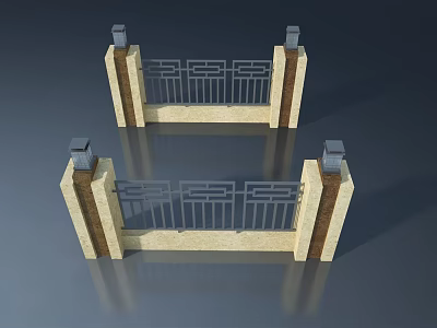 Modern Hinged Door Design With Stone Pillars And Wrought Iron Railings 3d model