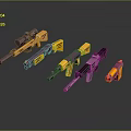 Five Purple and Yellow Plastic Toy Guns with Bright Hues and Modern Styling