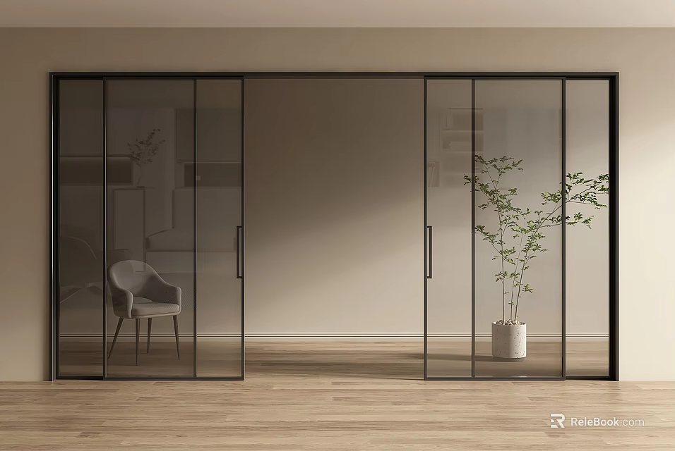 Modern Glass Sliding Doors in Interior with Black Frame Wooden Floor and Plant 3d model 