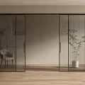Modern Glass Sliding Doors in Interior with Black Frame Wooden Floor and Plant