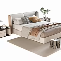 Modern Double Bed Bedroom Interior With Decorative Pillows Warm Blanket Nightstand Lamp And Plant