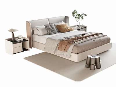 Modern Double Bed Bedroom Interior With Decorative Pillows Warm Blanket Nightstand Lamp And Plant 3d model