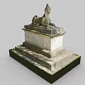 Intricate Stone Sphinx Sculpture Carving On Pedestal With Mossy Base In Outdoor Setting
