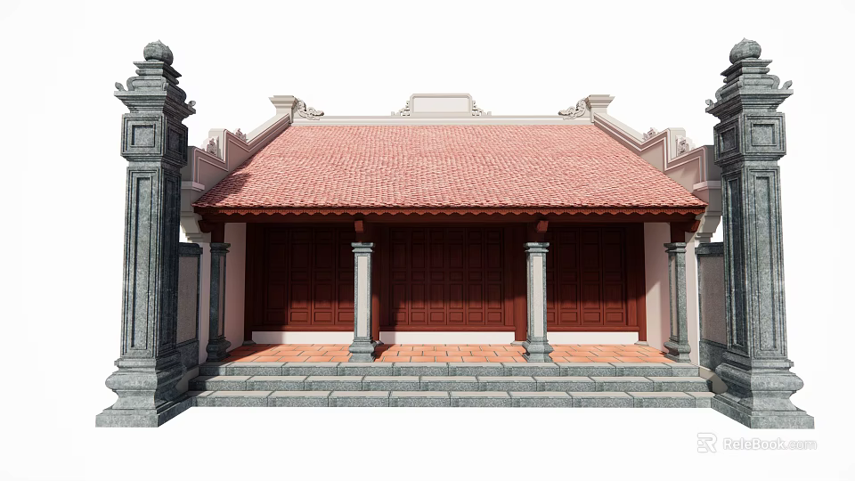 Traditional Ancient Architecture With Red Tile Roof Stone Pillars And Wooden Doors 3d model 