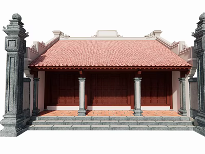 Traditional Ancient Architecture With Red Tile Roof Stone Pillars And Wooden Doors 3d model