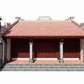 Traditional Ancient Architecture With Red Tile Roof Stone Pillars And Wooden Doors