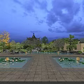 Chinese Garden Courtyard Evening Scene With Traditional Pavilion Pond Rockery Lush Trees And Lanterns