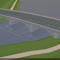 Scenic Arched Bridge Structure With Roadway Over Water And Green Grass Pathways