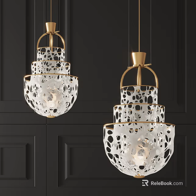 Modern Multi Tiered Chandeliers With Golden Metal And White Perforated Shades On Dark Wall 3d model 