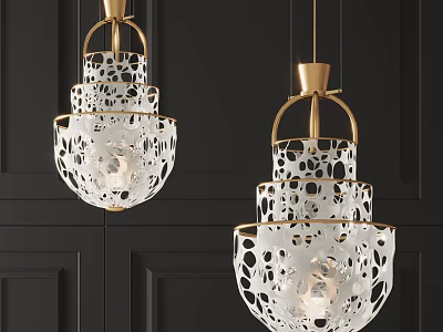 Modern Multi Tiered Chandeliers With Golden Metal And White Perforated Shades On Dark Wall 3d model