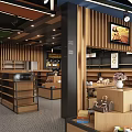 Modern Retail Store Interior With Wooden Shelves Product Displays Green Ceiling And TV Screen