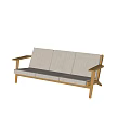Modern Three Seat Sofa With Wooden Armrests Light Gray Cushions And Marble Floor