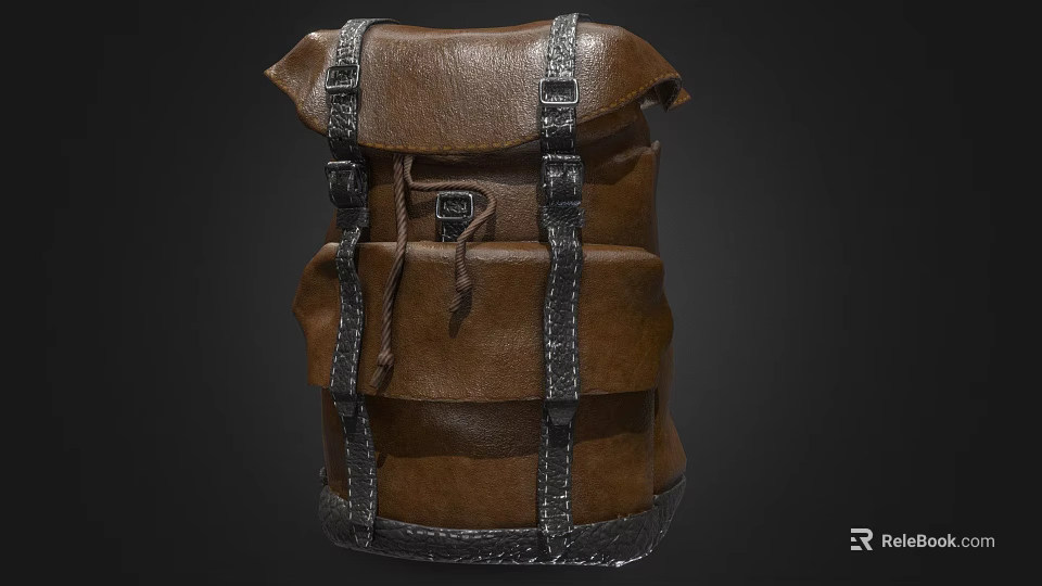 Classic Brown Leather Backpack With Metal Straps And Layered Design 3d model 