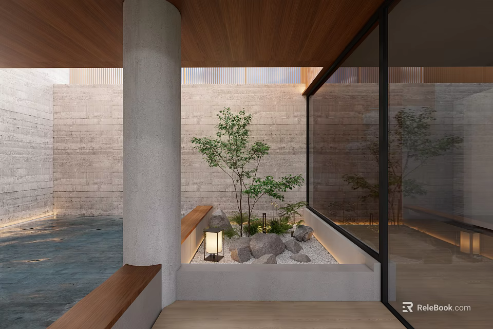 Indoor Landscape with Wooden Ceiling Concrete Column Stone Wall Pond Trees Rocks Lantern and Bench 3d model 