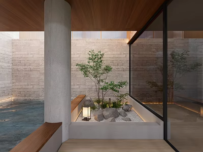 Indoor Landscape with Wooden Ceiling Concrete Column Stone Wall Pond Trees Rocks Lantern and Bench 3d model