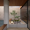 Indoor Landscape with Wooden Ceiling Concrete Column Stone Wall Pond Trees Rocks Lantern and Bench