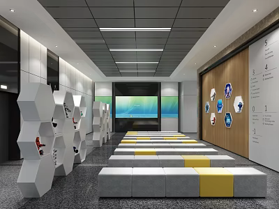 Modern Conference Room Interior With Yellow Gray Seats Hexagonal Decorations Large Screen And Wall Signs 3d model