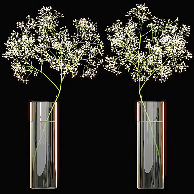 Decorative Ornament Set with Two Transparent Vases and Small White Flowers Arrangement 3d model