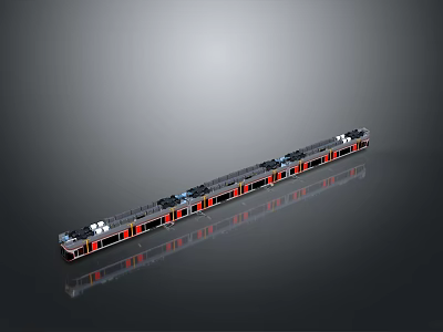 Modern Long Train with Multiple Carriages Black Red Color and Reflective Surface 3d model