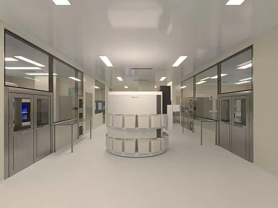Laboratory Interior With Glass Partitions Stainless Steel Doors Circular Shelves Bright Lighting And White Ceiling 3d model