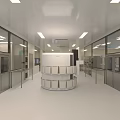 Laboratory Interior With Glass Partitions Stainless Steel Doors Circular Shelves Bright Lighting And White Ceiling