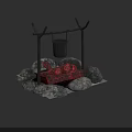 Wooden Stand With Hanging Bucket And Burning Wood Surrounded By Stones