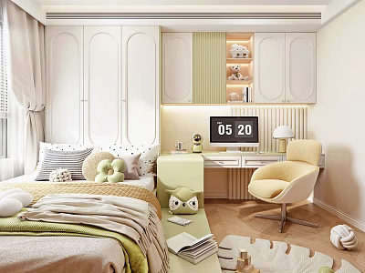 Tatami Bedroom Interior Design With Cozy Bed Desk Chair Cabinets And Stuffed Toys 3d model