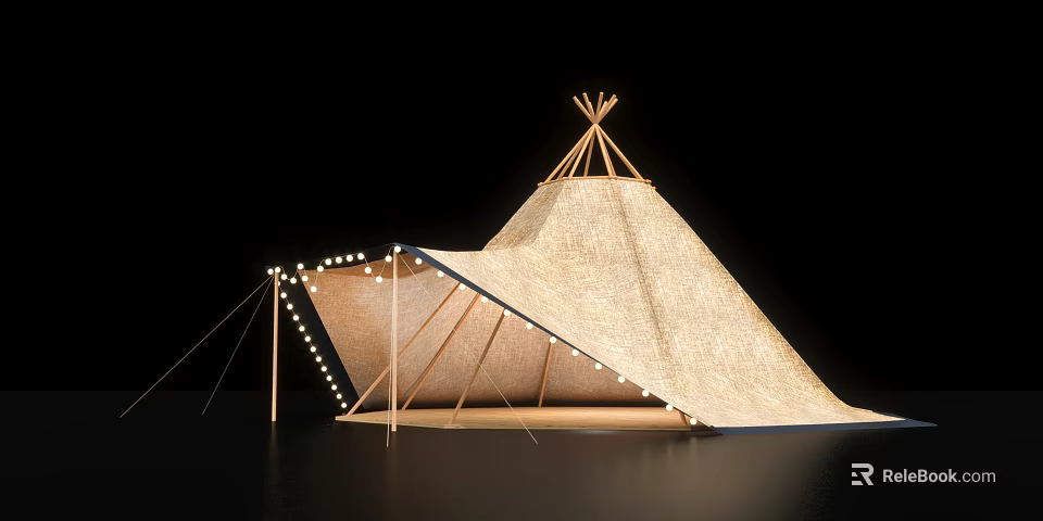 Traditional Tepee Tent with Canvas Cover String Lights and Wooden Frame 3d model 