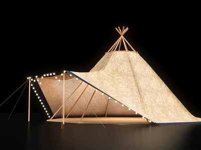 Traditional Tepee Tent with Canvas Cover String Lights and Wooden Frame 3d model