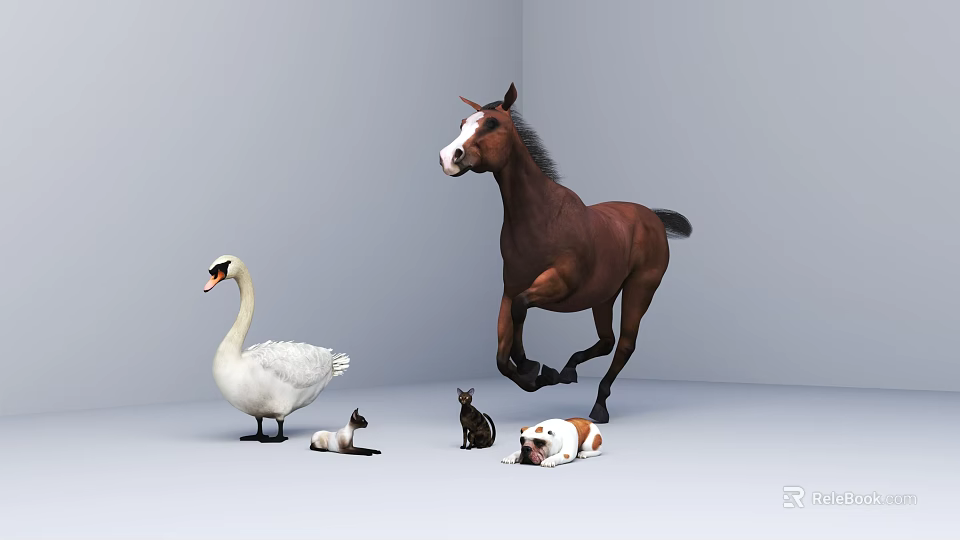 Reptile Lizard Among Various Animals In Studio With Horse Swan Cat Dog And Mouse 3d model 