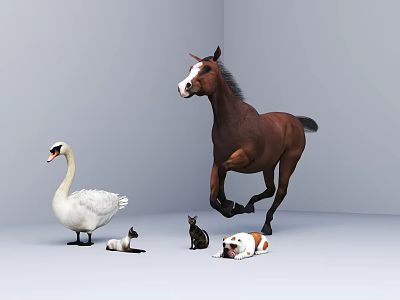 Reptile Lizard Among Various Animals In Studio With Horse Swan Cat Dog And Mouse 3d model