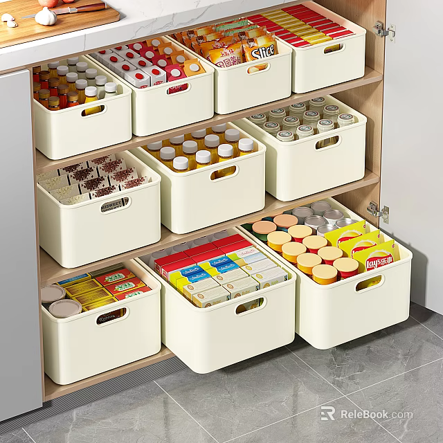 Organized Beverage Storage with Various Canned and Bottled Drinks in White Bins on Shelves 3d model 