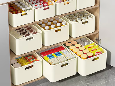 Organized Beverage Storage with Various Canned and Bottled Drinks in White Bins on Shelves 3d model