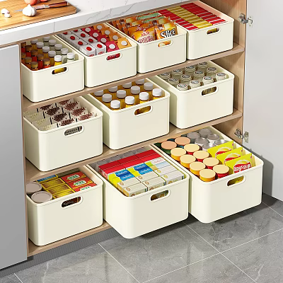 Organized Beverage Storage with Various Canned and Bottled Drinks in White Bins on Shelves 3d model