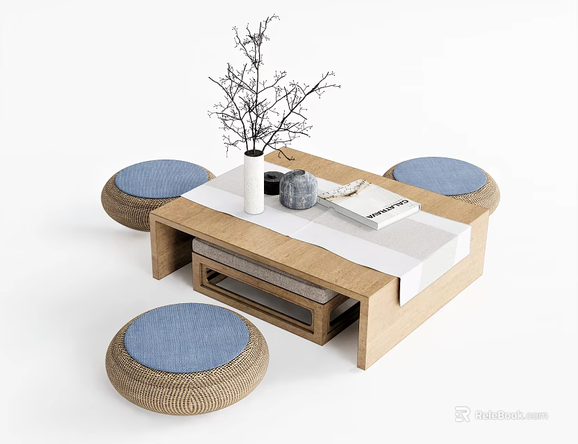 Rustic Wooden Tea Table with Woven Blue Cushions and Decorative Vase Twigs Book 3d model 