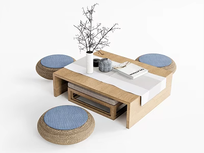 Rustic Wooden Tea Table with Woven Blue Cushions and Decorative Vase Twigs Book 3d model